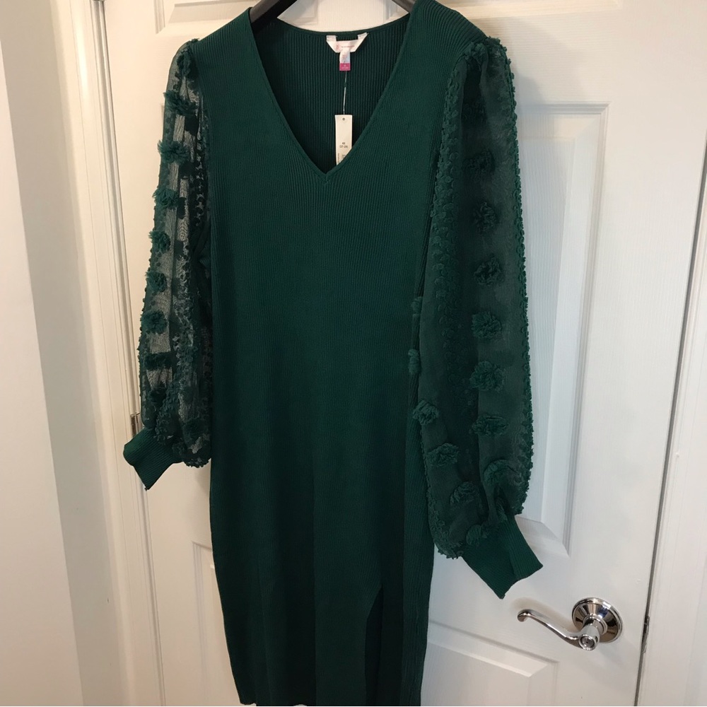 Hunter Green Sweater Dress 4X, Long Sleeve Swiss Dot Sheer Sleeve, Stretch Knit